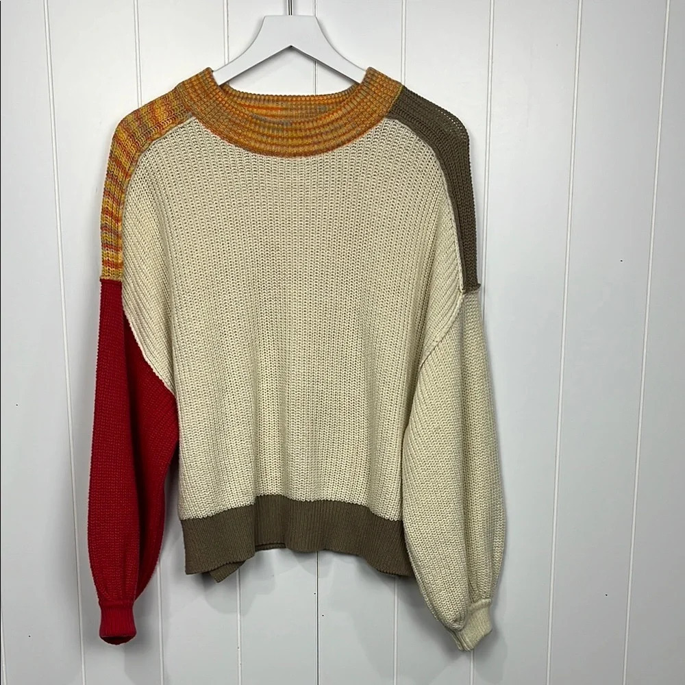 BDG Urban Outfitters Womens Knit Sweater Cream Orange. Red S/P Balloon Sleeves